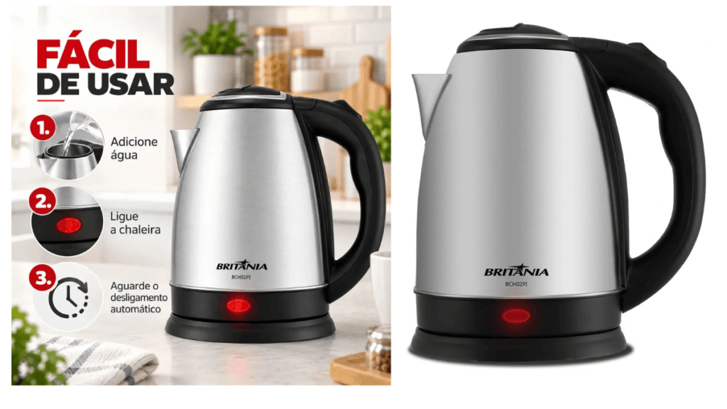 Chaleira Elétrica Britânia BCH02PI 1,8L Inox fácil de usar.