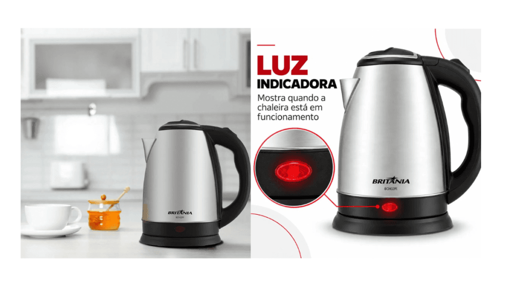 Chaleira Elétrica Britânia BCH02PI 1,8L Inox com design moderno e alta capacidade.