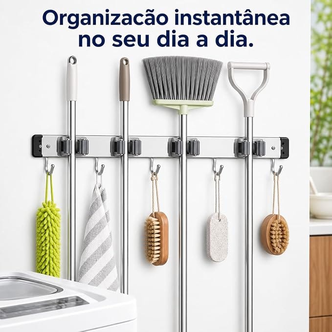 Suporte de Vassouras e Rodos de Parede: Vale a Pena? 3 Suporte de Vassouras e Rodos de parede em inox com 9 acessórios