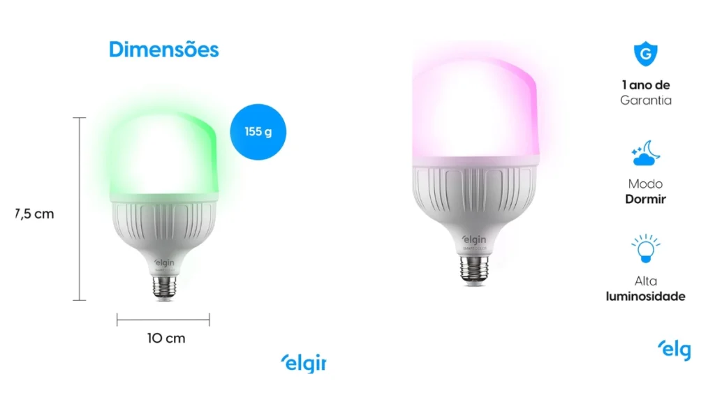 Lâmpada LED Smart Elgin 30W com Alexa, iluminação inteligente Wi-Fi e controle por voz.