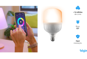 Lâmpada LED Smart Elgin 30W com luz colorida RGB, brilho ajustável e compatibilidade com Google Home.