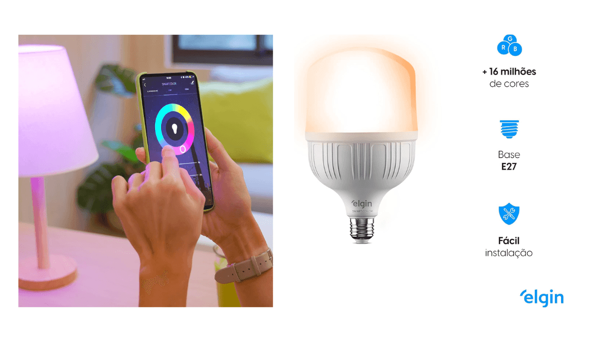Lâmpada LED Smart Elgin 30W com luz colorida RGB, brilho ajustável e compatibilidade com Google Home.